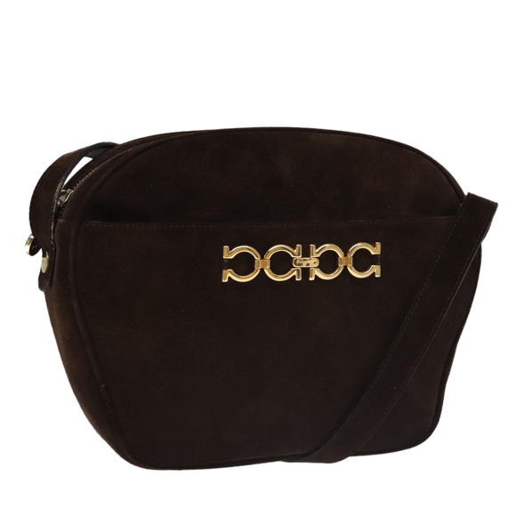 Salvatore Ferragamo Gancini Shoulder Bag Suede Brown Gold Auth 110015